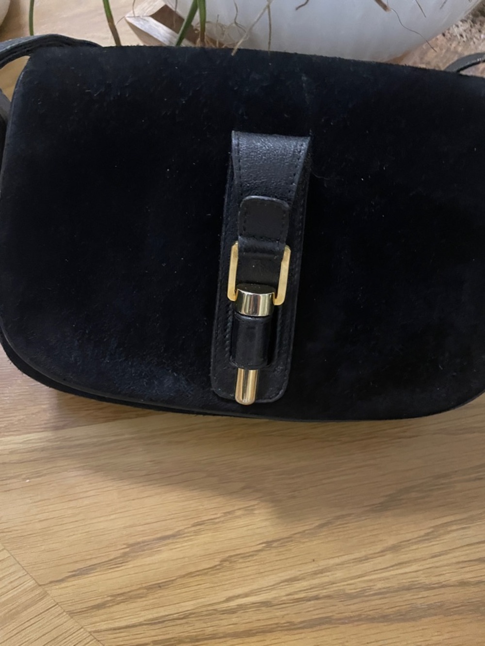 Susan Gail Black Suede Shoulder Bag with Gold Hardware